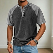 cheap Casual Henley Tee-Men's Henley Shirt Cotton Acid Wash Shirt Short Sleeve Color Block Patchwork Washed Retro Vintage Casual Henley Patchwork Vintage Style Color Block Henley Casual Summer Spring All Seasons Black