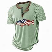 abordables Casual Henley Tee-Men's American US Flag Fish Henley Shirt Raglan T Shirt Short Sleeve Fashion Designer Casual Casual Daily Outdoor Summer Blue Gray Green Red Beige Henley Collar Henley Henley T-Shirt