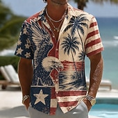  2026 250º Camisa Masculina com Estampa de Águia Bandeira Americana Camisa de Palma de Coco Verão Camisa Botão Manga Curta Patriótica Outdoor Festival Verão Primavera Golinha Impressão 3D Camisas