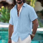 cheap Vacation-Men's Shirt Linen Shirt Summer Shirt Beach Wear Button Up Shirt Color Block Vacation Holiday White Black Sky Blue Green Short Sleeves Shirt Collar Summer Spring Clothing Apparel