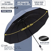 お買い得  傘-12本骨の大型折りたたみ式防風傘、3～4人用の130cm特大ゴルフ傘、自動開閉式 &amp;雨傘、UVカットブラックコーティング、頑丈で耐風性に優れた携帯用トラベル傘