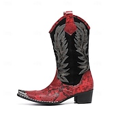 tanie Wysokiej jakości skórzane buty-męskie czerwone haftowane kowbojskie buty – zabytkowe, westernowe buty do jazdy konnej, designerskie obuwie na rodeo, koncerty country, festiwale muzyczne i występy sceniczne
