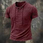  Men's T Shirt Linen T-Shirt Short Sleeve Lace Up Neck Summer Spring All Seasons Solid Color Textured Vacation Vintage Sports Raw Edge Casual Home Outdoor White Wine khaki Top Tee for Men