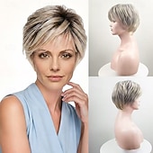 economico parrucca più vecchia-Parrucca corta biondo cenere con taglio pixie e radici scure - capelli sintetici testurizzati a strati per donna, parrucca affusolata e di tendenza per l'uso quotidiano.