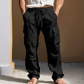  Homens Calças de linho Calças Calça verão Bolso multi Perna reta Tecido Conforto Respirável Comprimento total Diário Ao ar livre Para Noite Moda Roupa de rua Azul Branco