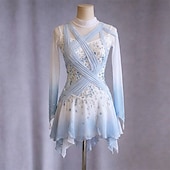 abordables Robes de Patinage Artistique-Robe de patinage artistique Femmes Patinage Robe Bleu + Blanc Patchwork Trou de pouce Élastique Entraînement Compétition Tenue de Patinage Classique cristal pailleté manche longue Patinage sur glace