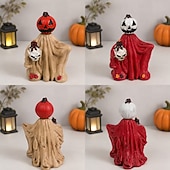 abordables Figurines et ornements-Lot de 2 figurines de fantômes citrouilles d'Halloween, ensemble de statues fantômes en résine avec lanternes en forme de crâne, décoration rustique d'automne pour étagère, cheminée, plateau à étages