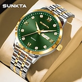 abordables Relojes de Cuarzo-Reloj de negocios de lujo para hombre Sunkta, esfera verde, correa de acero inoxidable bicolor, resistente al agua, movimiento de cuarzo con calendario de día y fecha, números romanos, marcadores de