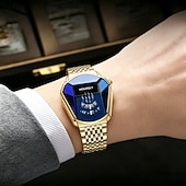 economico Orologi al quarzo-Orologio da polso di lusso da uomo in oro, design creativo a scudo triangolare con esclusivo display a disco rotante, cristallo blu sfaccettato, cinturino in acciaio inossidabile, impermeabile,