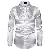 cheap Men's Satin Shirts-Men's Shirt Satin Shirt Dress Shirt Casual Shirt Solid Color Outdoor Work Black White Red Navy Blue Long Sleeve Turndown Summer Spring Clothing Apparel Sequins