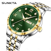 abordables Relojes de Cuarzo-Reloj de negocios de lujo para hombre Sunkta, esfera verde, correa de acero inoxidable bicolor, resistente al agua, movimiento de cuarzo con calendario de día y fecha, números romanos, marcadores de