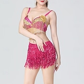 preiswerte Bauchtanzkleidung-glitzerndes Königsblau für Damen &amp;Goldenes Bauchtanzkostüm-Set – Pailletten-BH-Top und Fransenrock – Performance-Outfit für Latin Samba und Rave