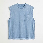 cheap Tank Tops-Men's Tank Top Vest Top 100% Cotton Acid Wash Shirt Sleeveless Crew Neck Hooded Zip Summer Spring Plain Fashion Designer Basic Plain Casual Vacation Street Black Purple Light Blue Top Tee for Men