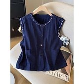 abordables Camisas-Mujer Chaleco de lino y algodón Camisa de verano Bordado Vintage Sin Mangas Cuello Barco Tops largos Casual Blanco Amarillo Azul Marino Verano Primavera