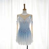 baratos Vestidos de Patinação Artística-Figure Skating Dress Women's Ice Skating Dress Sky Blue Patchwork Thumbhole Stretchy Training Competition Skating Wear Classic Crystal / Rhinestone Long Sleeve Ice Skating Figure Skating