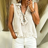  Mulheres Camisa Social Blusa Frufru Côr Sólida Moda Diário Casual Sem Manga Decote V Tops longos Casual Preto Branco Rosa Castanho Claro Azul Céu Verão Primavera