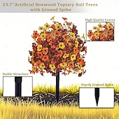  24 inch kunstmatige herfstbloemensteker voor buiten, nepchrysant, violette buxus, bolvormige bomen, Thanksgiving, Halloween, UV-bestendige tuinstekers voor de tuin &gazon, kleurecht, zwaar zijden