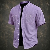 cheap Men's Smart Casual Shirts-SoftFade™ Men Shirt Casual Shirt Button Up Shirt Cotton Acid Wash Shirt Black Light Green Pink Purple khaki Short Sleeve Plain Grandad Collar Casual Daily Front Pocket Clothing Apparel Elegant Fashion
