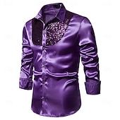 cheap Men's Satin Shirts-Men's Shirt Satin Shirt Dress Shirt Casual Shirt Solid Color Outdoor Work Black White Red Navy Blue Long Sleeve Turndown Summer Spring Clothing Apparel Sequins