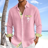  Men Shirt Linen Shirt Summer Shirt Beach Shirt Button Up Shirt Coconut Tree Casual Holiday White Pink Sky Blue Green Long Sleeve Turndown Summer Clothing Apparel Front Pocket