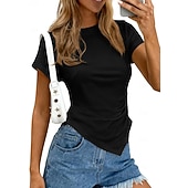  Mujer Camisa Blusa Frunce Color sólido Ropa de calle Diario Manga Corta Cuello Barco Tops cortos Casual Bleu Ciel Negro Blanco Rosa Marrón Verano Primavera