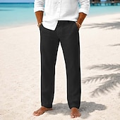  Herren Leinenhosen Hose Anzughose Sommerhose Strandhose Tasche Einfach Komfort Atmungsaktiv Volle Länge Lässig Täglich Outdoor Urlaub Mode Khaki Schwarz Unelastisch