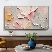 abordables Peintures fleurs/botaniques-Tableau à l'huile unique, peint à la main, abstrait, représentant une fleur rose crème sur toile texturée 3D. Décoration murale printanière pour salon, aux couleurs douces et texturées.