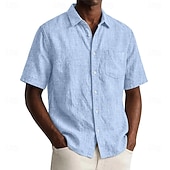abordables Classic-Men Shirt Linen Shirt Summer Shirt Beach Wear Button Up Shirt Plain Casual Daily Black Navy Blue Sky Blue Khaki Short Sleeve Collar Spring &amp; Summer Summer Clothing Apparel Pocket