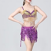 preiswerte Bauchtanzkleidung-glitzerndes Königsblau für Damen &amp;Goldenes Bauchtanzkostüm-Set – Pailletten-BH-Top und Fransenrock – Performance-Outfit für Latin Samba und Rave