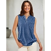  Mulheres 100% Algodão Camisa Henley Lavado Lavagem ácida Lavagem vintage Vintage Moda à moda Sem Manga Mangas Raglã Henley Tops regulares Casual Praia Azul Roxo Laranja Verão Primavera