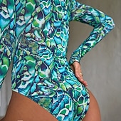 cheap One Pieces Rash Guards-Women's Bathing Suit One Piece Swimsuits Graphic Zip Up UV Protection Long Sleeve Swimwear Surfing Beach Vacation Spring