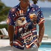  2026 250º Camiseta Masculina Águia da Bandeira Americana Camisa de Verão Camisa Botonê Curta Manga Patriótica Festival ao Ar Livre Verão Primavera Colarinho Dobrado Impressão 3D Azul Azul 3 Azul 2