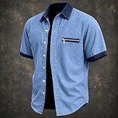 cheap Men's Smart Casual Shirts-SoftFade™ Men Shirt Casual Shirt Denim Shirt Cotton Acid Wash Shirt Acid Wash Shirt Black Green khaki Gray Light Blue Short Sleeve Plain Shirt Collar Casual Daily Color Block Clothing Apparel Elegant