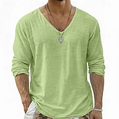 abordables Camisetas de Algodón y Lino-Hombre Camiseta superior Camiseta de lino Manga Larga Escote en Pico Verano Primavera Primavera verano Color sólido Plano Diario Casual Estilo callejero Puro Exterior Calle Casual Bleu Ciel Azul