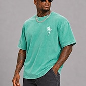ieftine Tricou grafic pentru bărbați-Tricou bărbătesc cu imprimeu hawaian din frunze de palmier și nucă de cocos, 100% bumbac, spălat acid, gros, tricou cu mânecă scurtă, guler rotund, stil DTG, îmbrăcăminte la modă, stil zilnic,