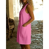  Women's Vintage Holiday 100% Cotton Knee Length Dress  Regular Fit Plain Sleeveless U Neck off white Black White Pink Spring