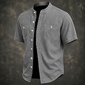 cheap Men's Smart Casual Shirts-SoftFade™ Men Shirt Casual Shirt Button Up Shirt Cotton Acid Wash Shirt Black Light Green Pink Purple khaki Short Sleeve Plain Grandad Collar Casual Daily Front Pocket Clothing Apparel Elegant Fashion