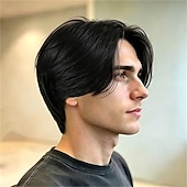 economico Parrucche uomo-parrucca corta liscia da uomo marrone con riga centrale, parrucca sintetica resistente al calore, parrucca divertente per uomo, per uso quotidiano, feste, cosplay, costume di Halloween