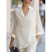 cheap Dressy Blouses-Women's Shirt Blouse Patchwork Solid Color Elegant Streetwear Daily 3/4 Length Sleeve V Neck Regular Tops Casual claret Black Navy Blue Apricot Summer Spring