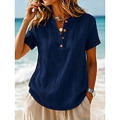  Femmes T-shirt Chemise Henley Boutons Rayé Mode Manche Courte Henley Hauts Longs Occasionnel Plage Été Blanche Vert Claire bleu marine Bleu Ciel Orange Été Printemps