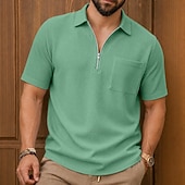 cheap Men's Classic Polo-Men's Waffle Polo Shirts Textured Casual Formal Zip Lapel Short Sleeve Fashion Solid Color Plain Pocket Buttons Spring &amp; Summer Blue Navy Blue Green Gray Waffle Polo Shirts