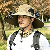 economico Luci e lanterne da campeggio-Cappello da sole a tesa larga per esterni con 2 ventole solari, cappello a secchiello per uomo e donna, protezione UPF 50+, ideale per la pesca. &amp;Cappello da spiaggia con ventola incorporata