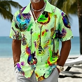 cheap Music and Guitars-Men's Guitar Musical Instrument Shirt Summer Shirt Button Up Shirt Short Sleeve Vintage Retro Outdoor Beach Vacation Wear Summer Spring Turndown 3D Print Button Up Shirts Blue Yellow Purple Green