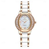 cheap Quartz Watches-Women's Rose Gold Fashion Watch, White Ceramic Style Link Bracelet, Mother of Pearl Dial with Crystal Bezel, Elegant Quartz Dress Wristwatch for Ladies, Perfect Jewelry Gift for Her