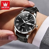 billiga Kvartsklockor-olevs herrklocka lyxig affärsklocka kvartsklocka vattentät brun läderrem armbandsur med dagdatum romerska siffror kalender klassisk avslappnad herrklocka present