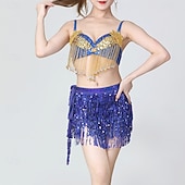 preiswerte Bauchtanzkleidung-glitzerndes Königsblau für Damen &amp;Goldenes Bauchtanzkostüm-Set – Pailletten-BH-Top und Fransenrock – Performance-Outfit für Latin Samba und Rave