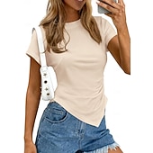  Mujer Camisa Blusa Frunce Color sólido Ropa de calle Diario Manga Corta Cuello Barco Tops cortos Casual Bleu Ciel Negro Blanco Rosa Marrón Verano Primavera