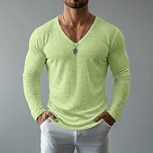 billiga Bomull och linne T-shirts-Herr T-tröja Linne T-shirt Långärmad V-hals Vår &amp; sommar Sommar Vår Ensfärgat Dagligen Ledigt Gatustil Slät Ledigt Utomhus Gata Blå Sjöblå Svart Topp t-shirt för män