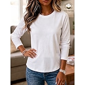  نسائي 100% Cotton تي شيرت بلايز لون الصلبة كلاسيكي كاجوال كم طويل رقبة دائرية قمصان عادية فضفاض مناسب للبس اليومي أزرق أبيض أسود وردي بلاشيهغ رمادي فاتح الشتاء الربيع، الخريف، الشتاء، الصيف