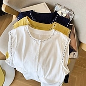abordables Camisas-Mujer Chaleco de lino y algodón Camisa de verano Bordado Vintage Sin Mangas Cuello Barco Tops largos Casual Blanco Amarillo Azul Marino Verano Primavera